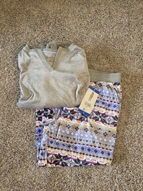Nautica Heather Gray V-Neck Sweater with Patterned Pajama Pants
